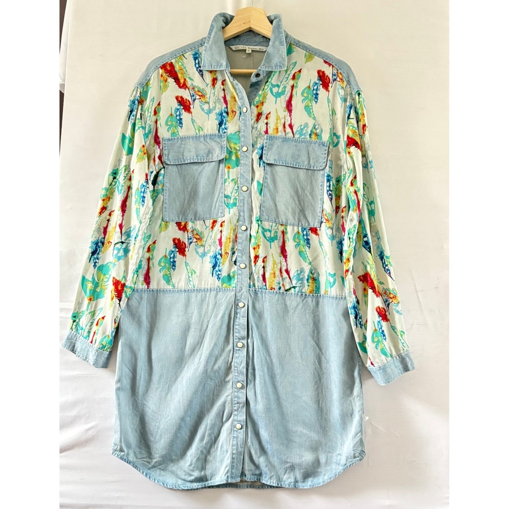 Rachel Rachel Roy Floral Mixed Media Denim Shirt Dress Light Wash Blue Womens M